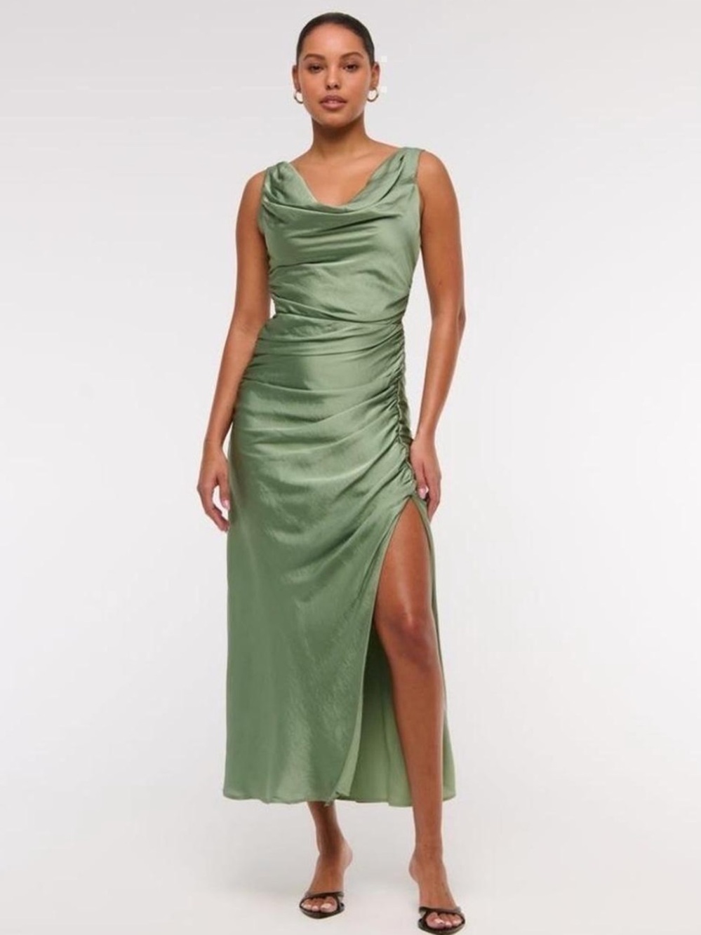 Abercrombie & Fitch Olive Satin Cowl Midi Dress